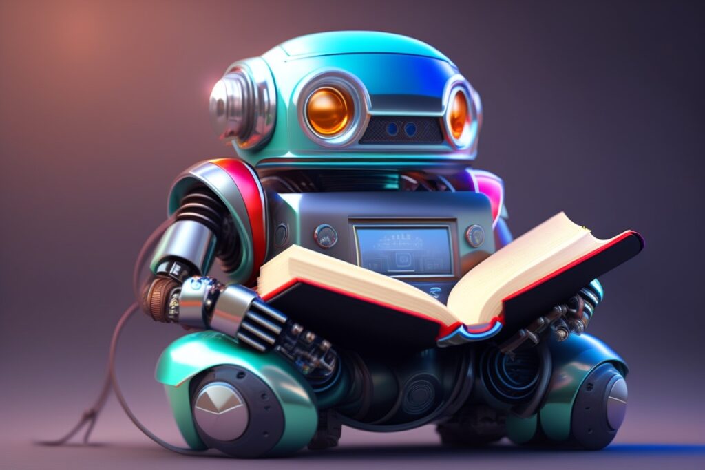 robot with Professional Knowledge and Expertise holding a book on information